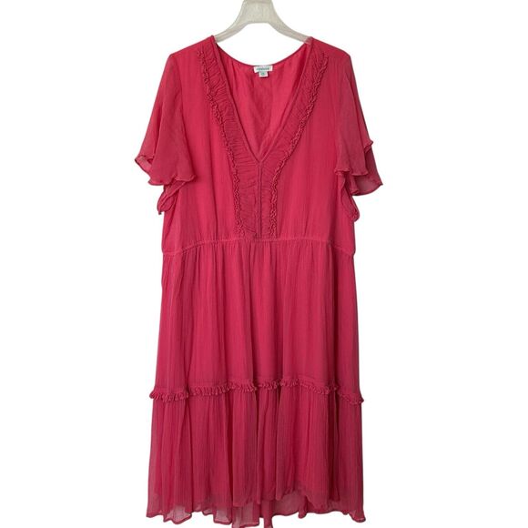 Sundance Med Monaco Meetup Pink V-Neck Ruffle Tiered Lined Dress XXL Barbiecore - Picture 2 of 12